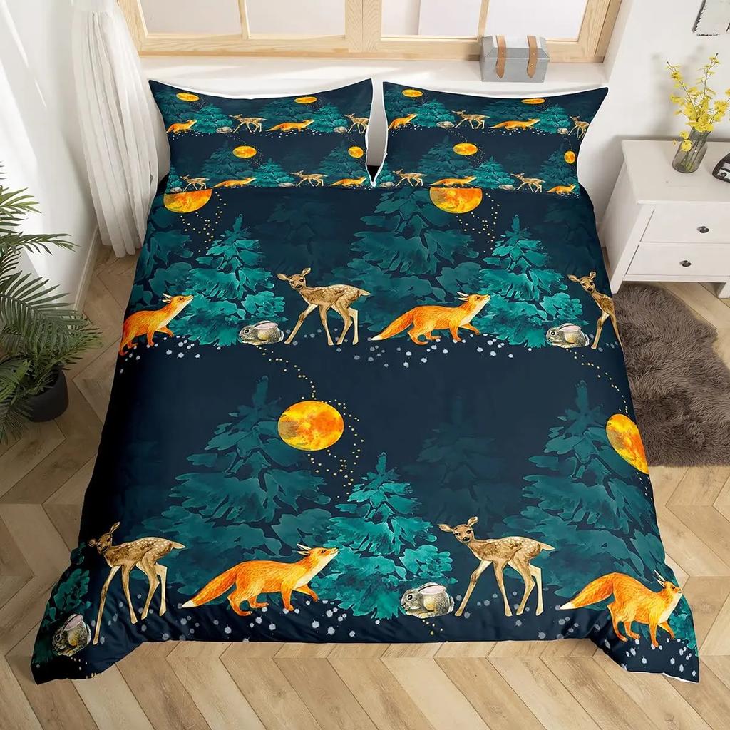 Comforter Cute Forest Animals Theme S King Size Fox Deer Rabbit Owl Hedgehog Flowers Comforter Set 2/3Pcs Bedding Set