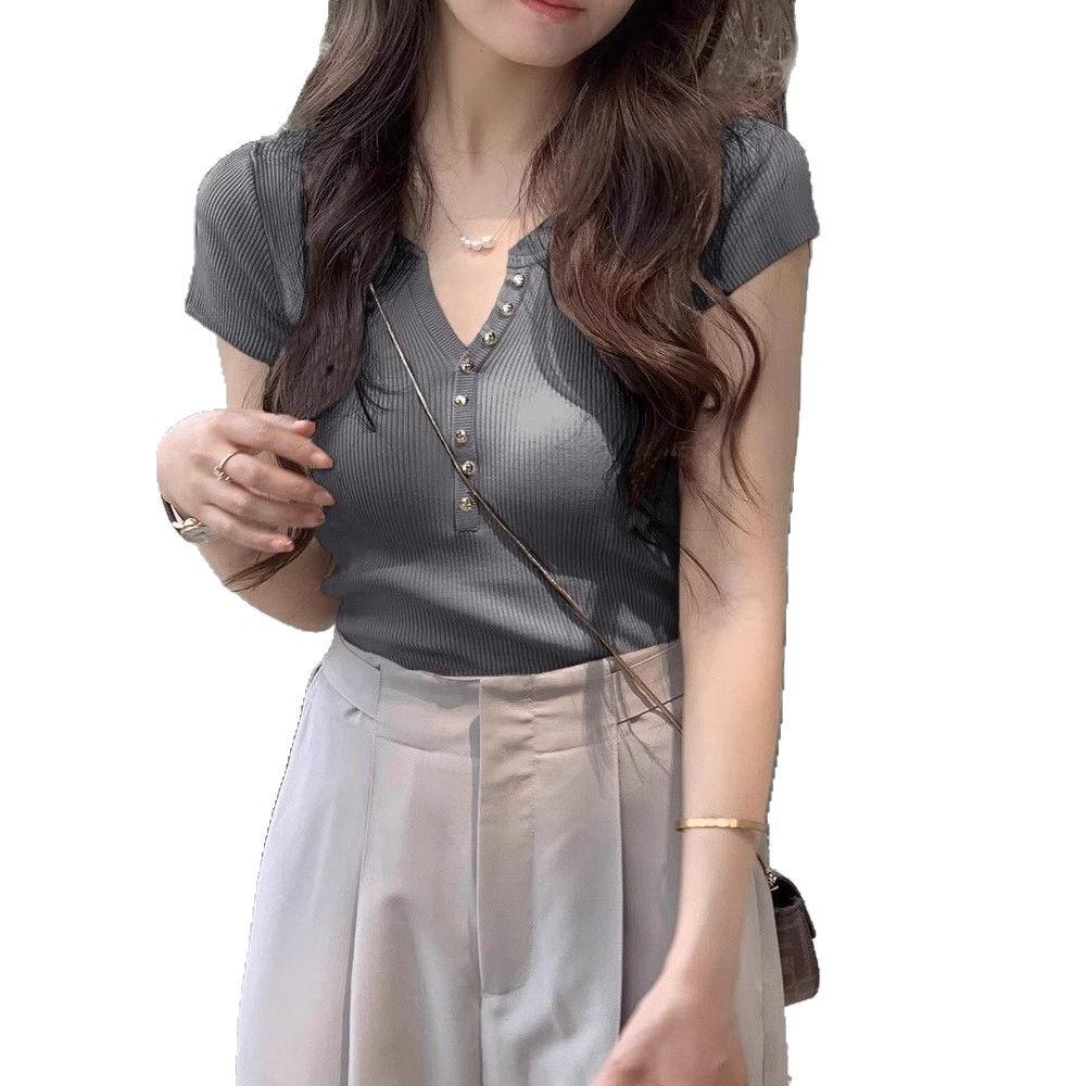 Women's Summer Pink V-neck Short-Sleeve Knit Top - Slimming, Stylish, and Trendy Design