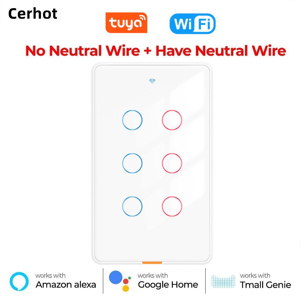 

Розумний WiFi Сенсорний Настінний Вимикач, Однофазний, Стандарт США, Керування через додаток Tuya з Голосом, Таймером та RF-Пультом.