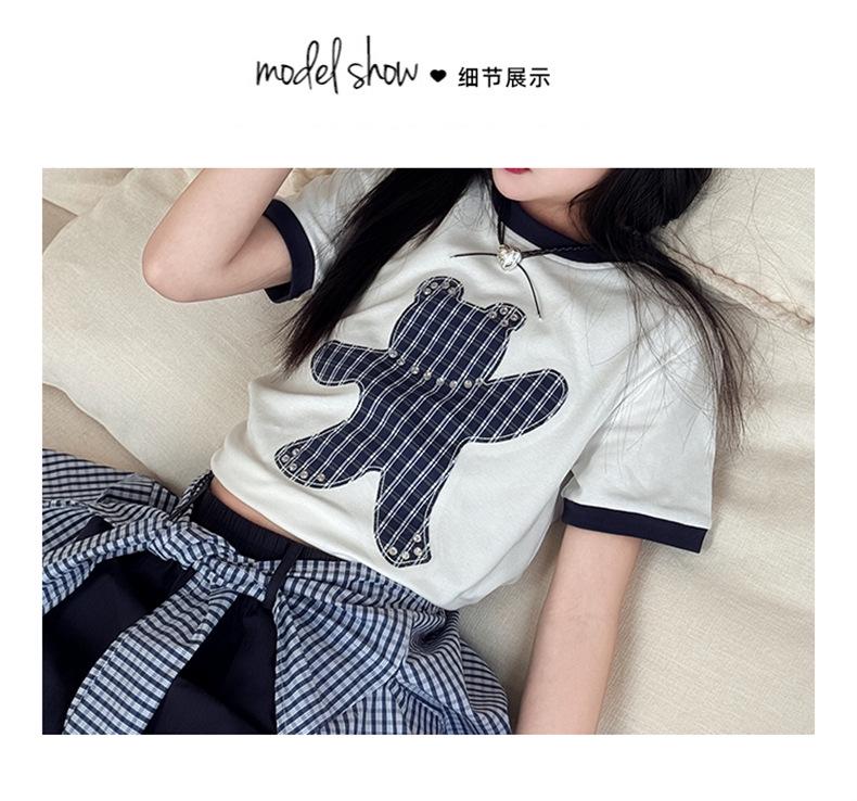 Korean Style Girls' Cartoon T-shirt & Cargo Plaid Bloomers Set - Trendy Summer Outfit