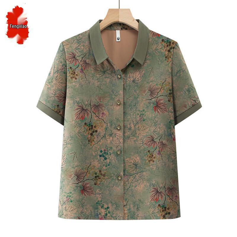 Elderly Women s Summer Floral Print Short Sleeve Lapel Shirt 2XL