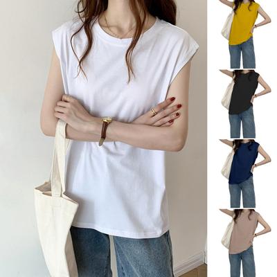 Women Summer T-shirt Round Neck Cap Sleeve Solid Color Tee Shirt Solid Color Loose Fit Casual Tops Daily Wear