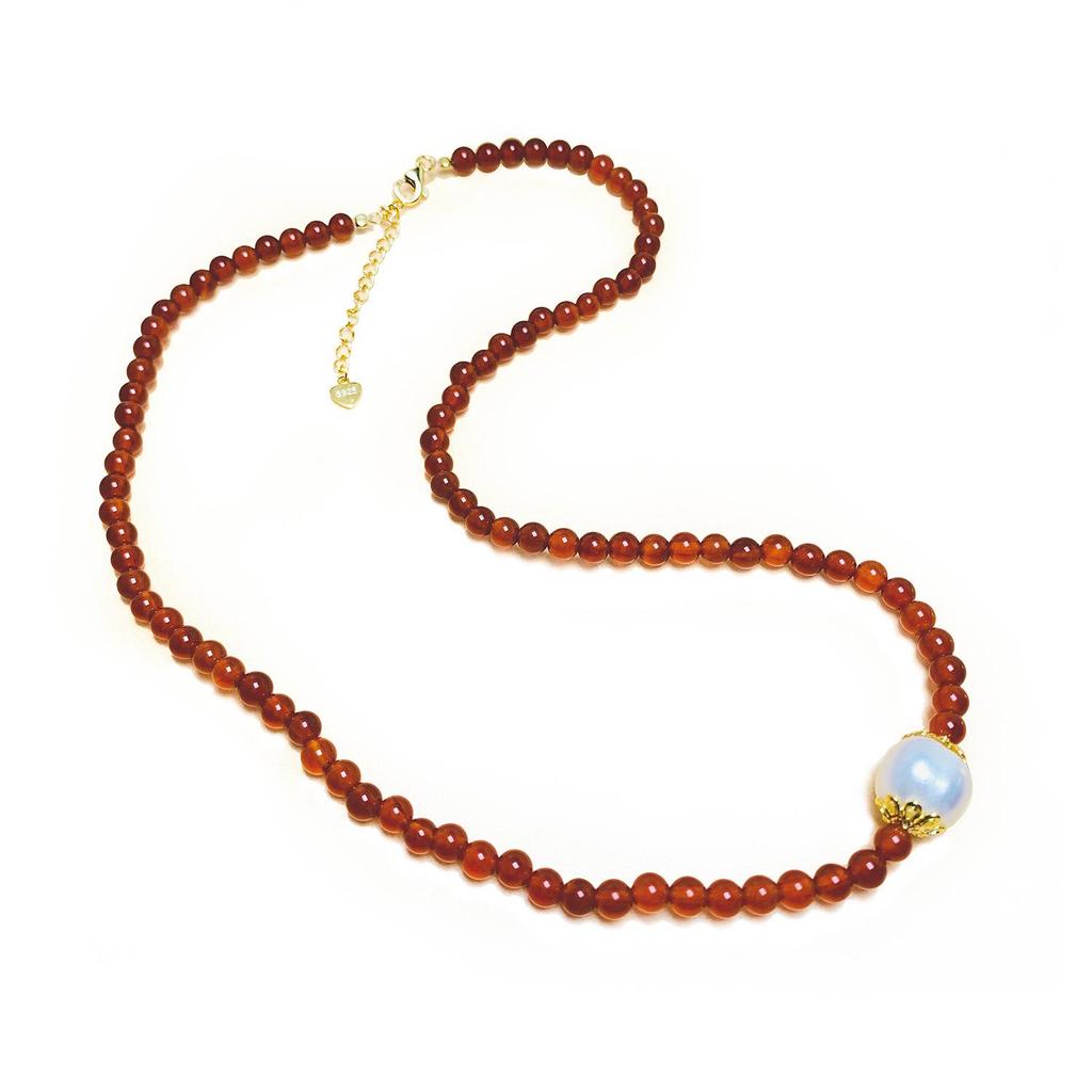 S925 Silver Red Agate & Pearl Tower Necklace - Light Luxury Chinese Style Women's Fashion