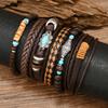Sada náramkov Boho pre mužov Kožený pletený wrap náramok s drevenými korálkami Lebka býka & Amulet so zlým okom Etnický štýl Vikingov Šperky
