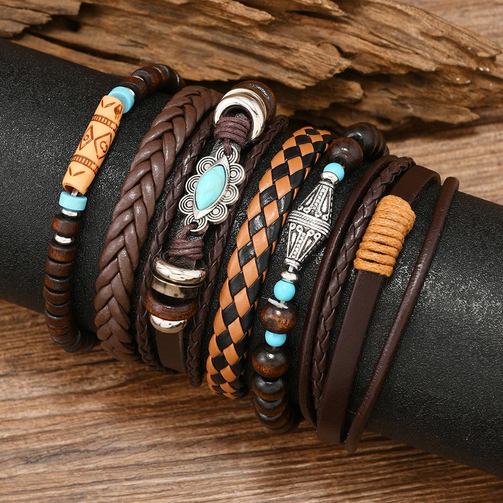 Sada náramkov Boho pre mužov Kožený pletený wrap náramok s drevenými korálkami Lebka býka & Amulet so zlým okom Etnický štýl Vikingov Šperky