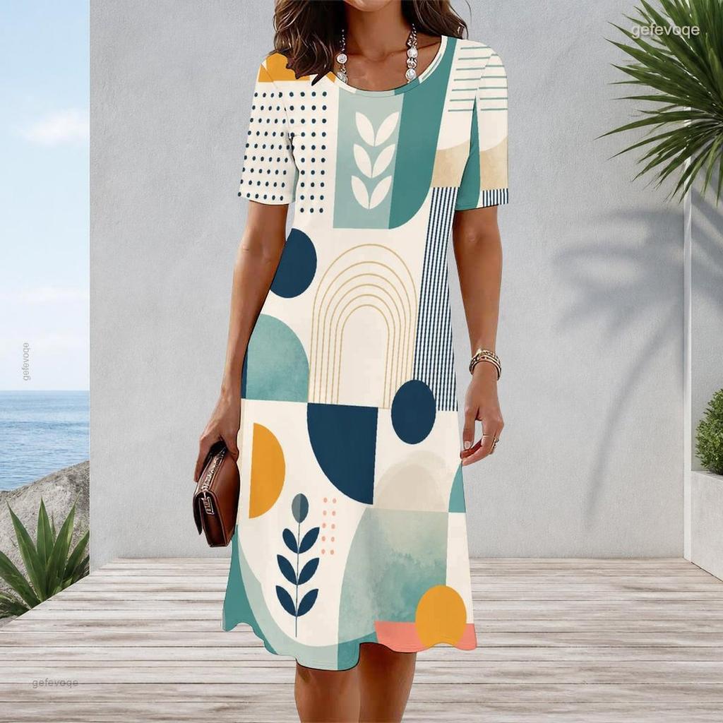 Women Plus Size Round Neck Short Sleeve Polka Dot Printed A Line Midi Dress