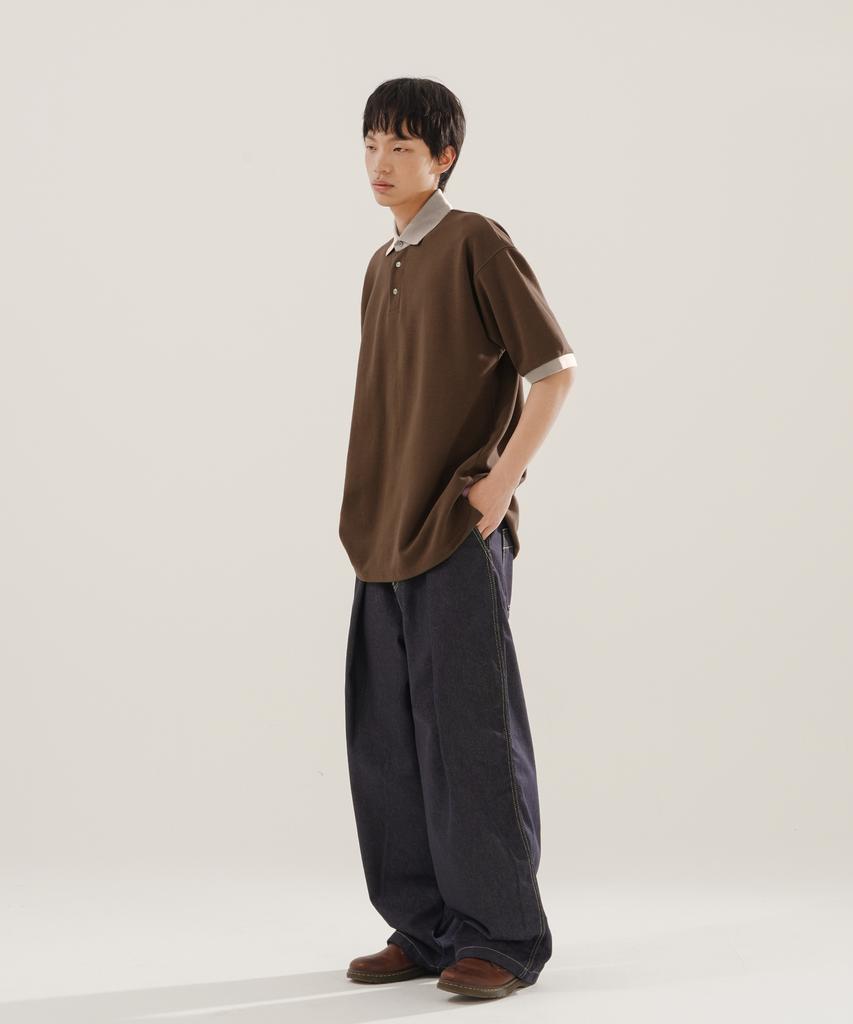 JEMUT Chess Ringer Collared Short Sleeve T-Shirt Brown Kjst2616