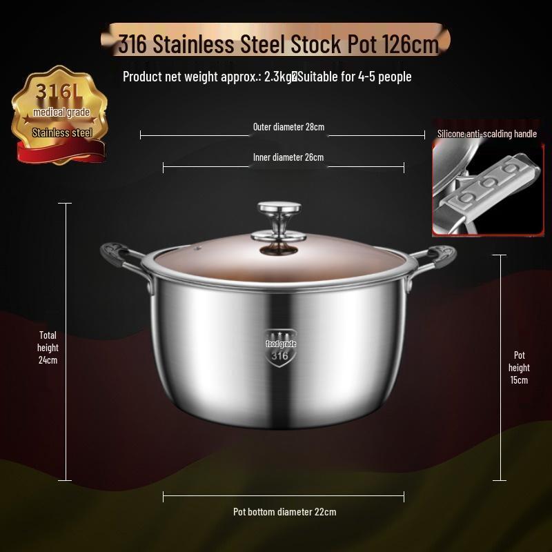 Extra Tall 316 Stainless Steel Stockpot with Anti-Overflow Lid, Large Capacity, No Coating, Perfect for Porridge, Steaming, and Stews.