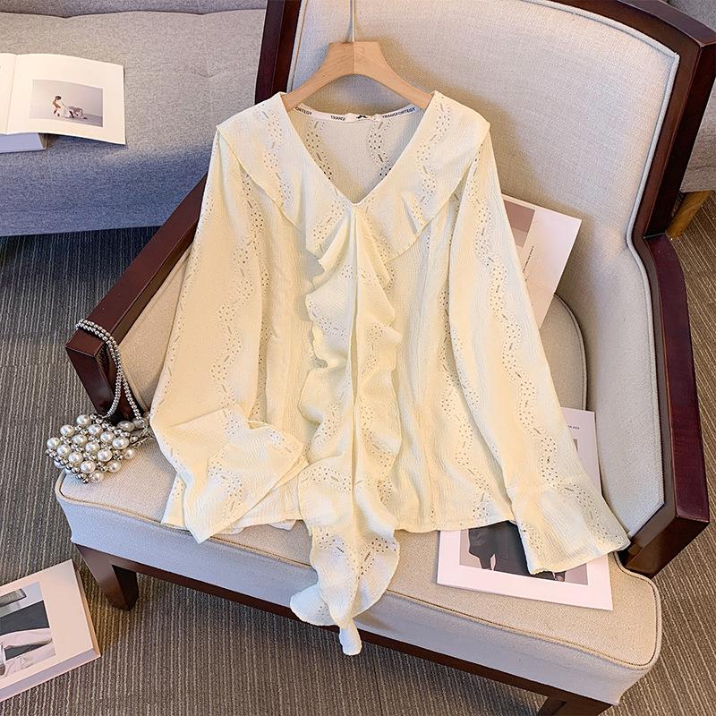 

Женские топы с длинными рукавами больших размеров на весну и лето, кружевная шифоновая блузка, жаккардовые ажурные топы 6XL абрикосовый