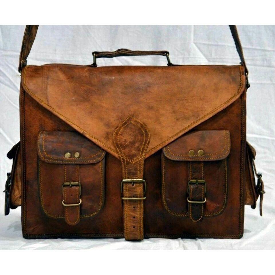 Men's Genuine Vintage Fat Stich Leather Messenger Shoulder Laptop Bag Briefcase
