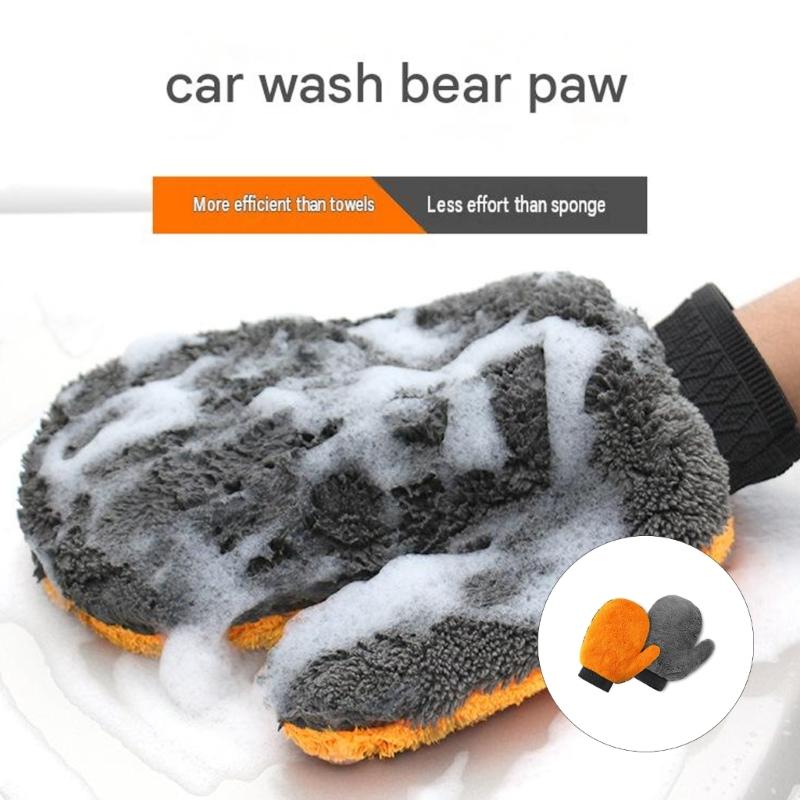 Two-Sided Corals Fleece Car Wash Gloves, Pair of Hand Cleaning Mitts with Orange and Gray Sides for Vehicle Washing and Kitchen Counter Wiping