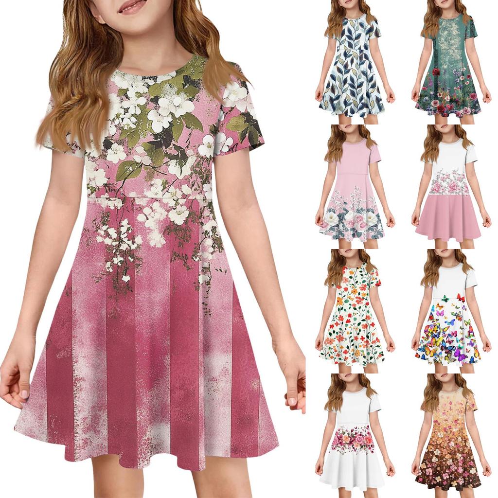 Girl Summer Dress Color & Print Short Sleeve Dress With Pocket Casual Dress Shorts Sleeve Party Dress Easter Day