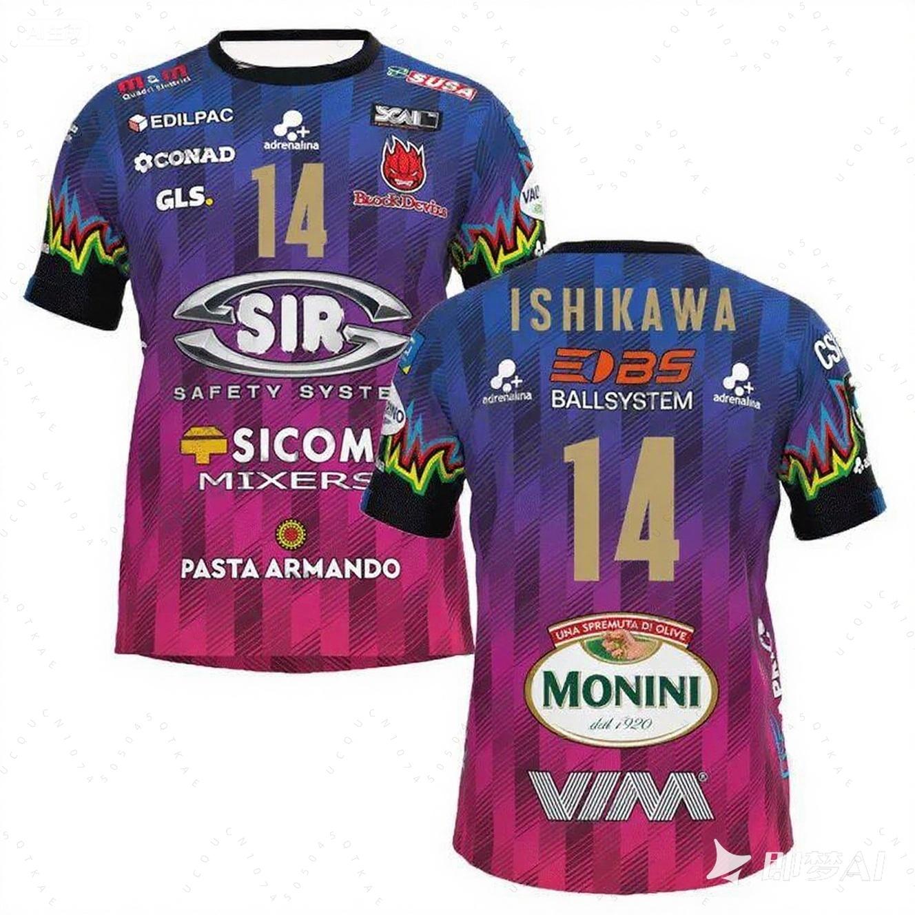 Haijian05 Nee. 14 Volleybalshirt Sir Safety Perugia T-shirts Wedstrijdkleding Strand T-shirt Mannen Ishikawa Thuis Kampioenen Mannen Fiets Sportkleding L