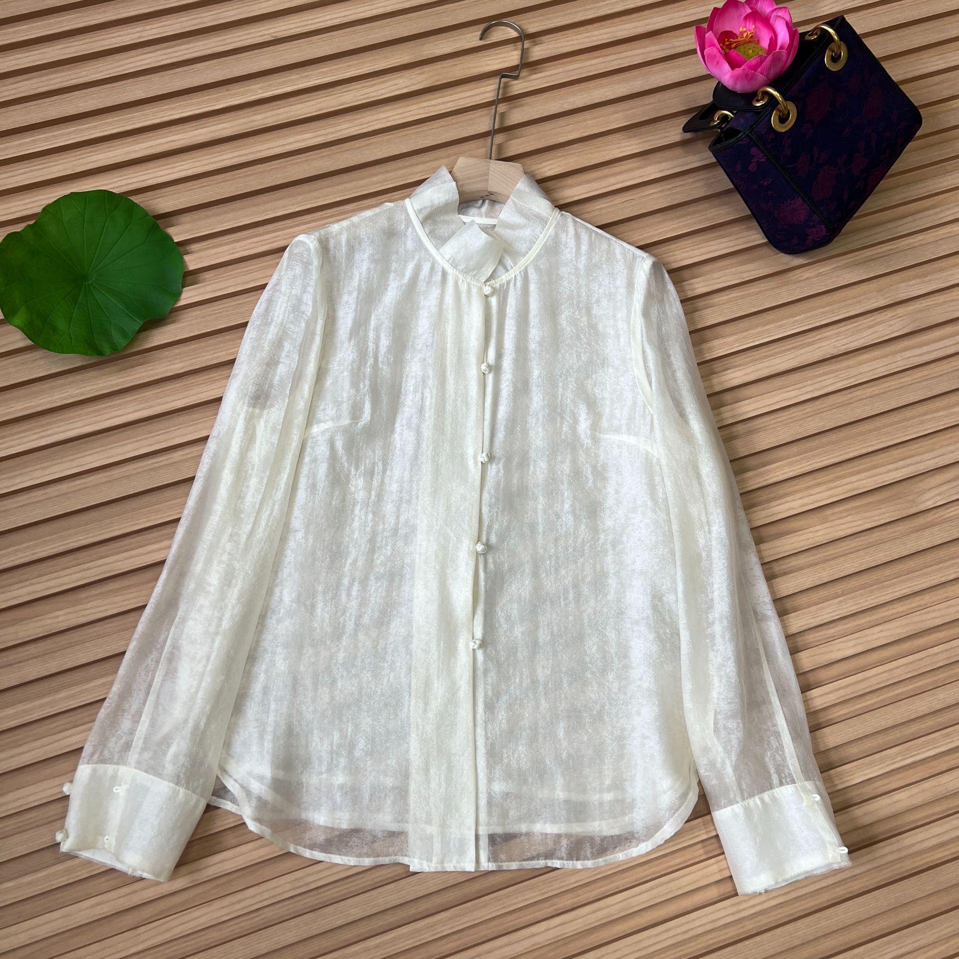 

8077 Spring Tencel Retro Stand Collar Long-Sleeved Shirt, 4 Colors, Sizes S-XXL, No Returns/Exchanges. M білий