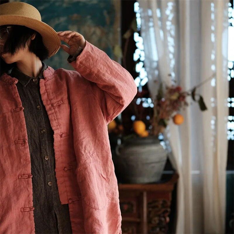 Johnature Women Chinese Style Stand Winter Parkas Orange Pink Button Coats Long Sleeve Linen Plus Cotton Women Parkas