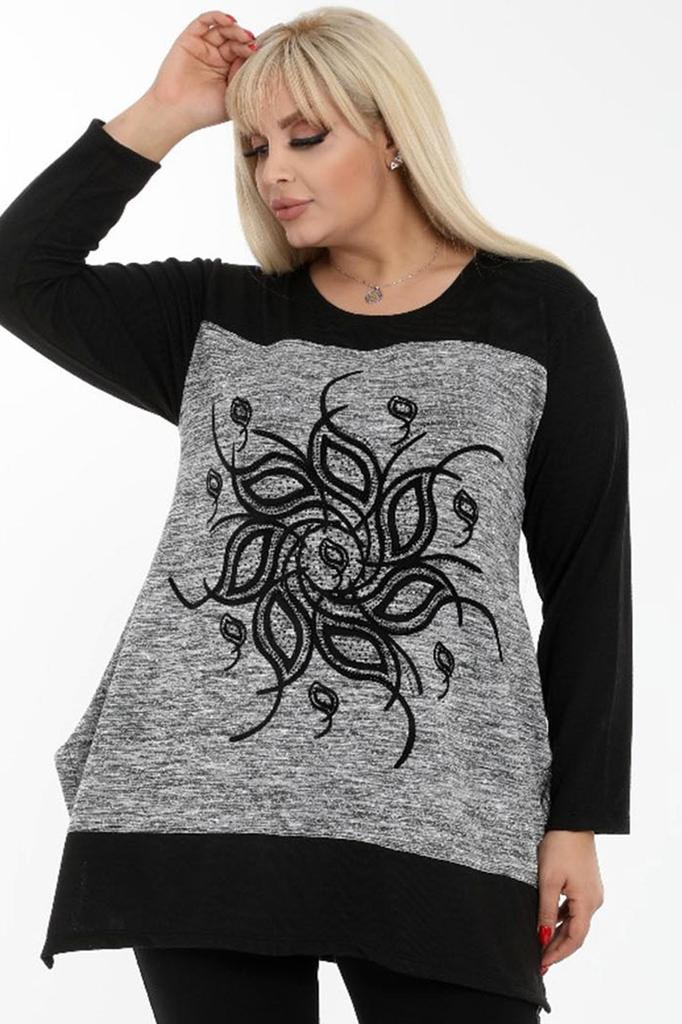 Damska tunika w dużym rozmiarze z motywem kwiatowym, haftowanym kamieniem, okrągłym kołnierzykiem, długim rękawem, swobodna tunika