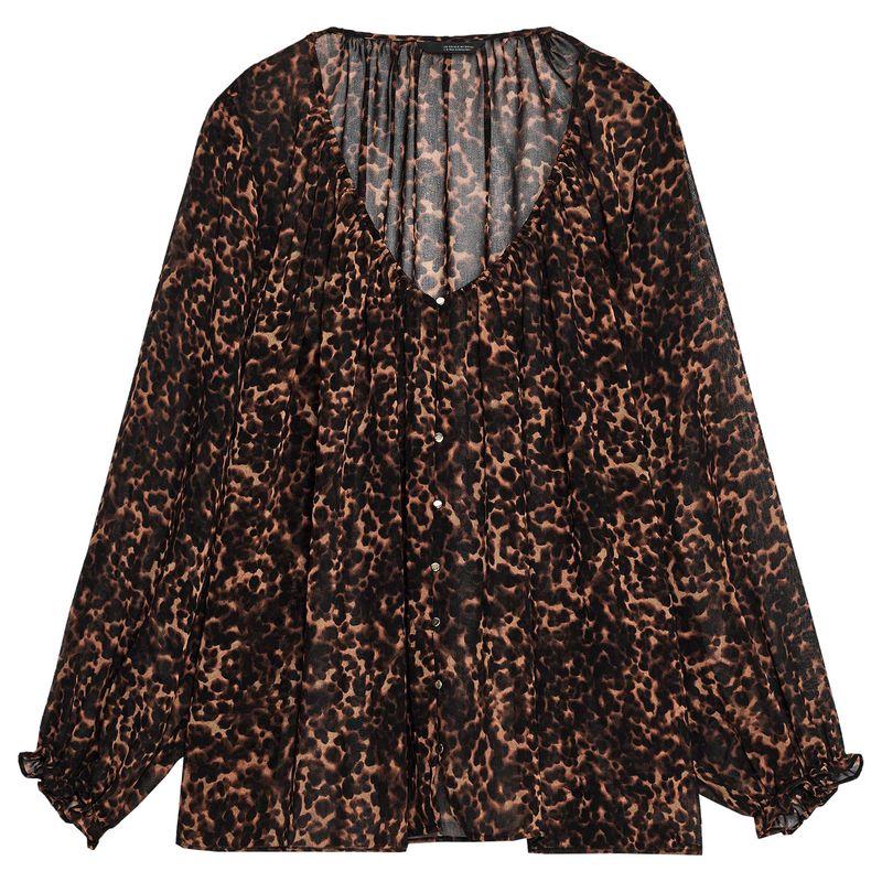

Zaprha 2025 Autumn New Leopard Print Print Pleat Translucent V-neck Long sleeve Shirts Top 8792139 Leopard print L