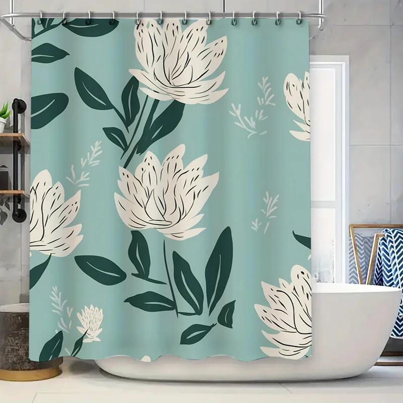 

Modern Floral Print Shower Curtain Cream Olive Green Decorative Fabric Bathroom Drape With Hooks For Home Living Room Waterproof W60H190(CM)-1 Pcs
