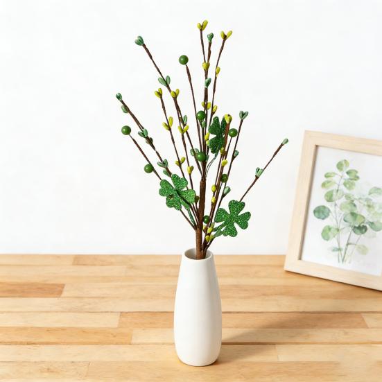 St. Patrick's Day Artificial Shamrock Plant Picks Glitter Four Leaf Clover Berries Stems for Flower Arrangements Irish Vase Home Table Centerpiece
