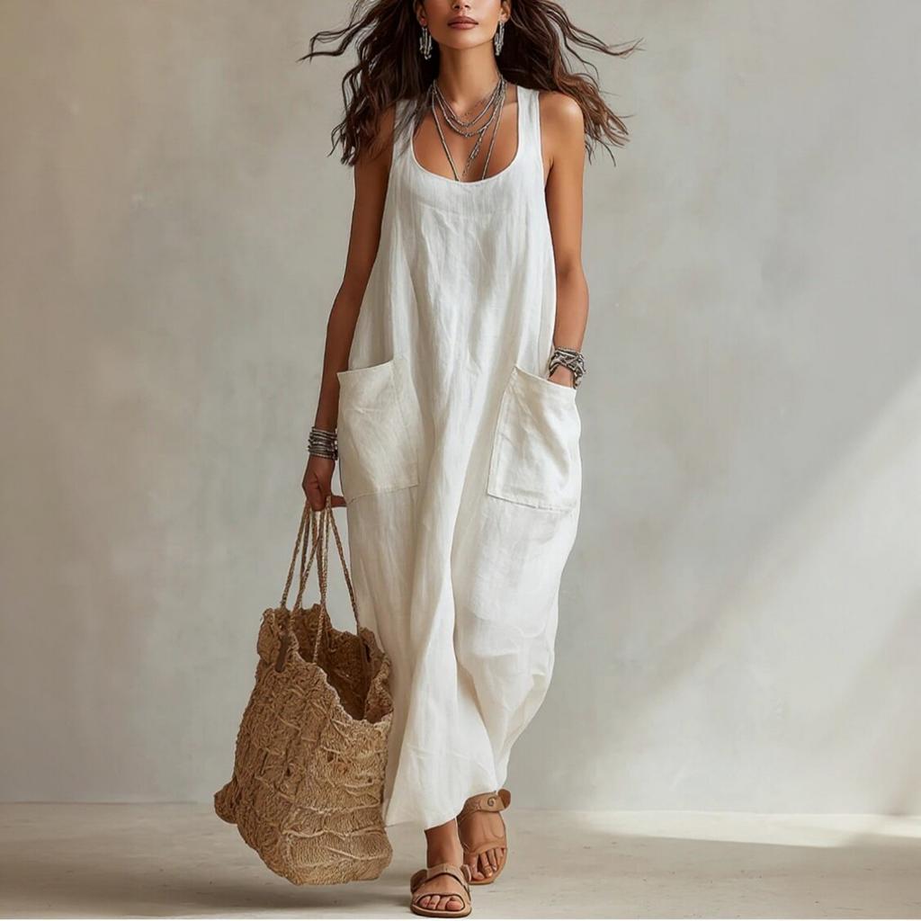 Women Casual Sleeveless Long Dress with Pockets Loose Fit Lightweight Summer Beach Dress Soft Fabric Comfortable Design