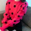 Autumn Polka Dot Puff Sleeve Knit Sweater - Slim, Versatile, Round Neck Style