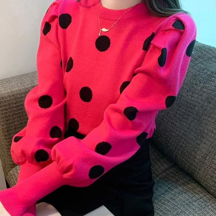 Autumn Polka Dot Puff Sleeve Knit Sweater - Slim, Versatile, Round Neck Style