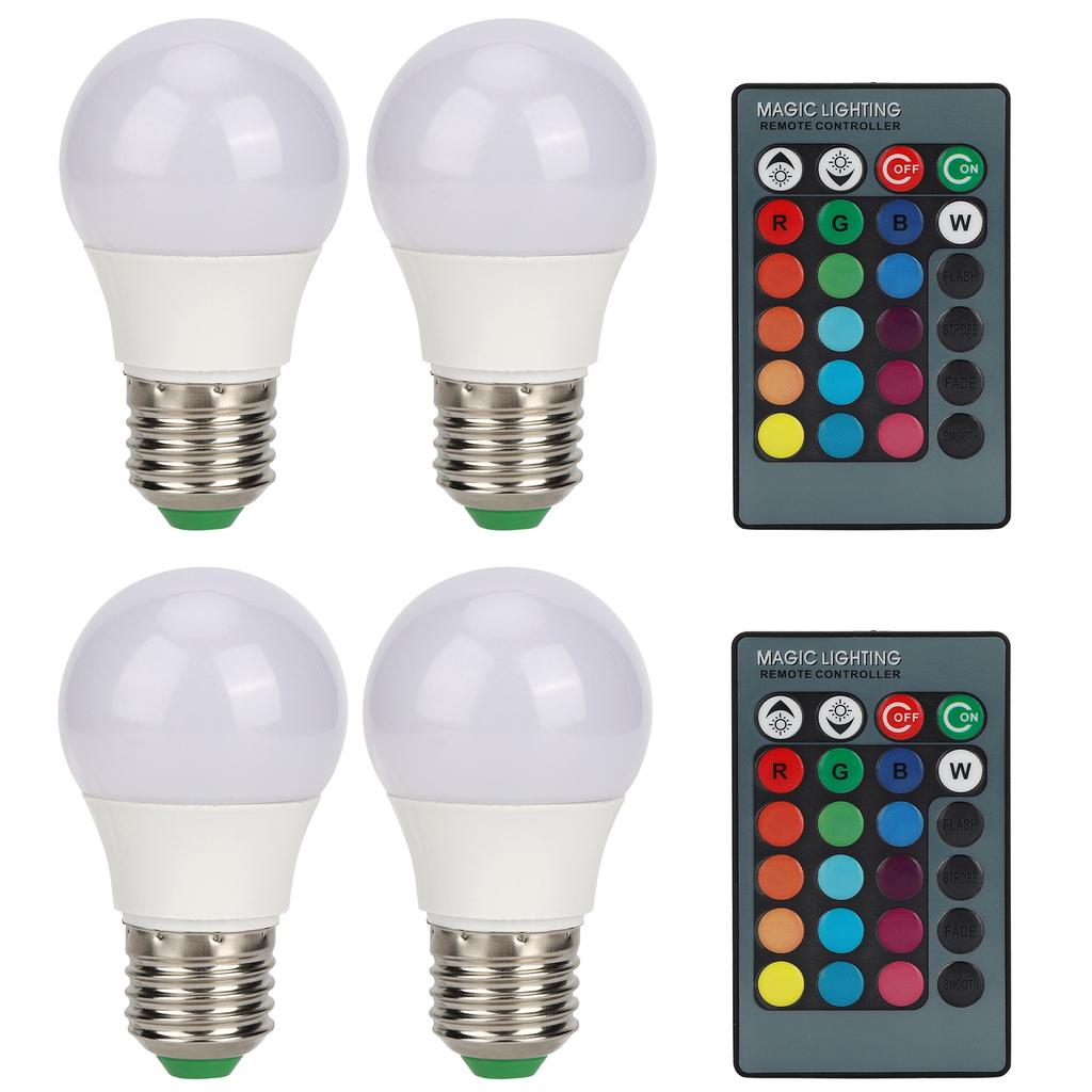 4pcs E27 RGB LED Light Bulbs Colorful Decorating Lamp with 2 Remote Controls 3W AC85‑265V