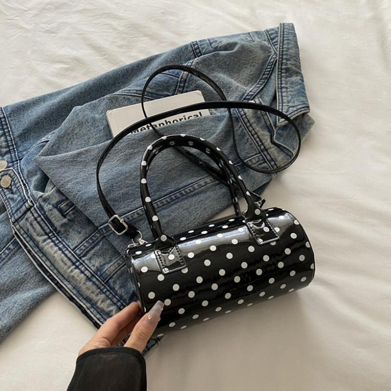 Retro Polka Dot Mini Handbag with Glossy Patent Leather Detachable Strap Versatile Cylinder Shoulder Purse,Women Crossbody Bag