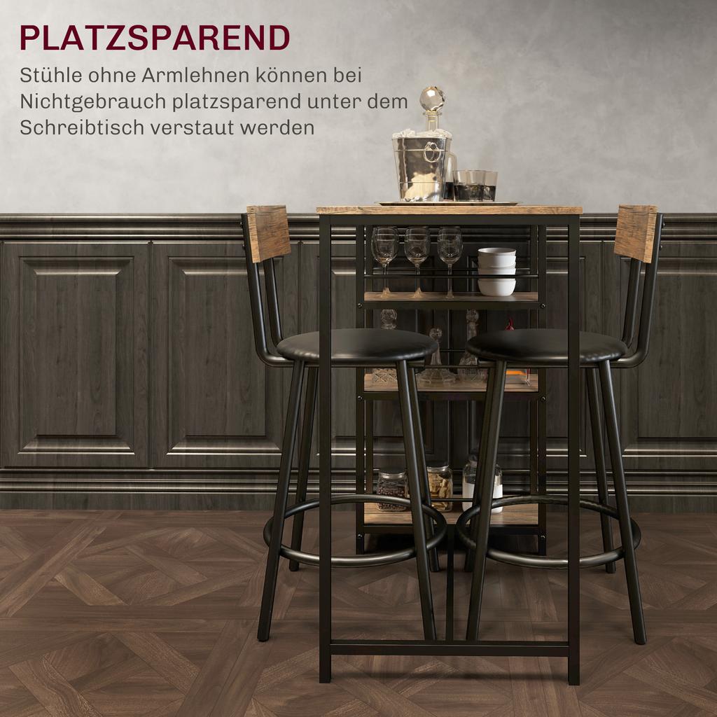 3-Piece Dining Set with Bar Table and 2 Chairs, Small Kitchen Set with Side Shelves, MDF, Metal, Black