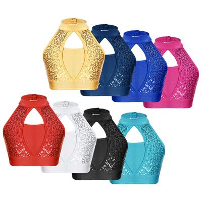 Kids Girls Sparkly Dance Crop Top Mock Neck Hollow Front Keyhole Back Design for Competitions