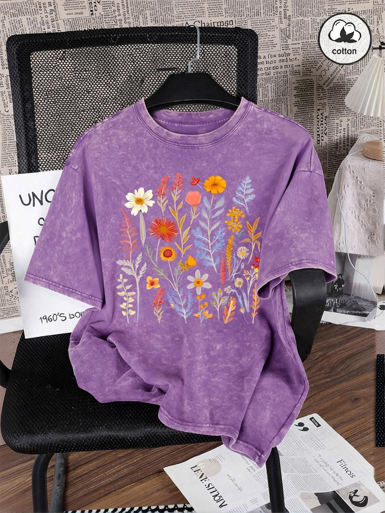 Beautiful Flowers And Ferns Prints Washed TShirts Women Cotton Oversized T Shirt Summer Short Sleeve Tops Casual ONeck Clothes