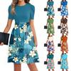 Women's Fashionable Casual Belt Short Sleeved Round Neck Printed Patchwork Dress