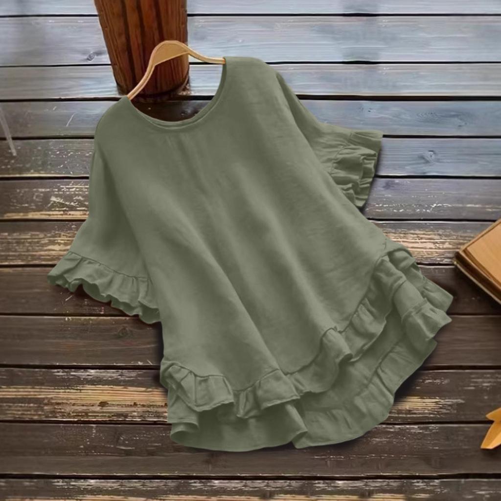Women's Fashionable Plus Size Color Round Neck Ruffle Short Sleeved  Round Neck Loose Pullover Top
