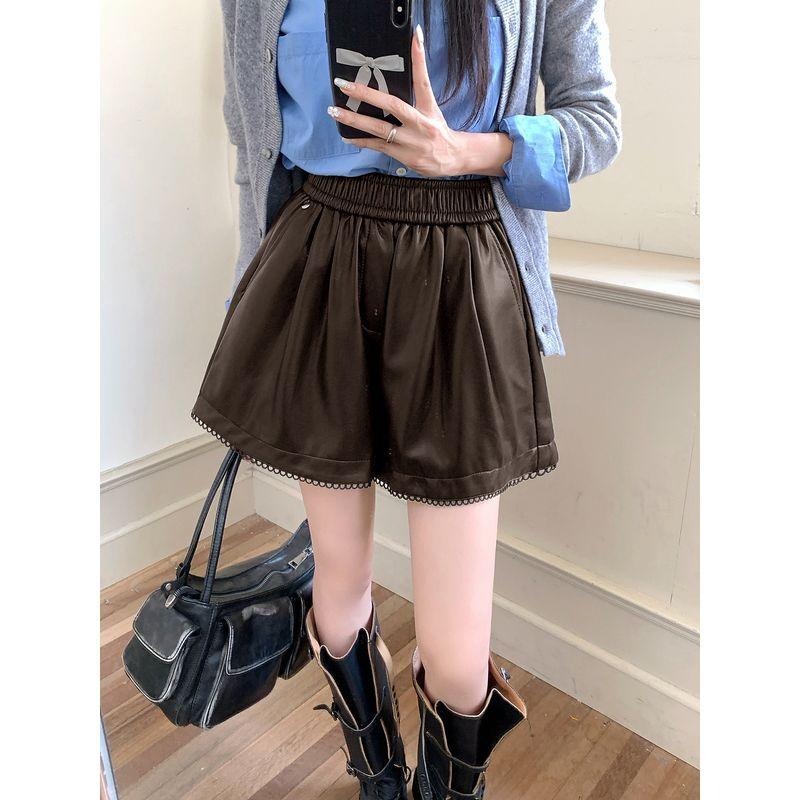 

Kumikumi Ретро Кружево PU Кожа Повседневные Брюки Шорты Женская одежда Осень Высокая Посадка Свободные Стройнящие Широкие Брюки Хот-Пантс Brown M