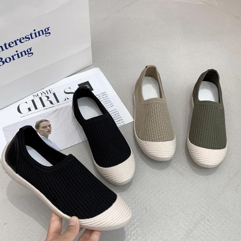 Flat Bottom Women Shoes Knitting Casual Flat Shoes Breathable Mesh Woman Designers Shoes Light Lady Ballets Flats Tenis De Mujer