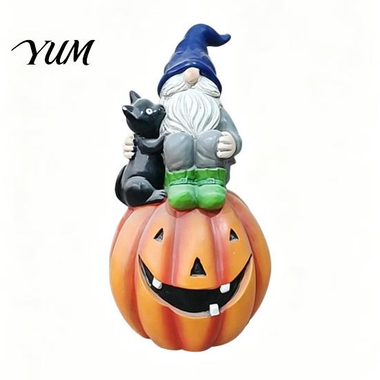 Autumn Home Accents Halloween Gnome Outdoor Garden Statue, Resin On Pumpkin Figurine with Desktop Shelf Decorations Black Cat, Fall Dwarf Sculpture