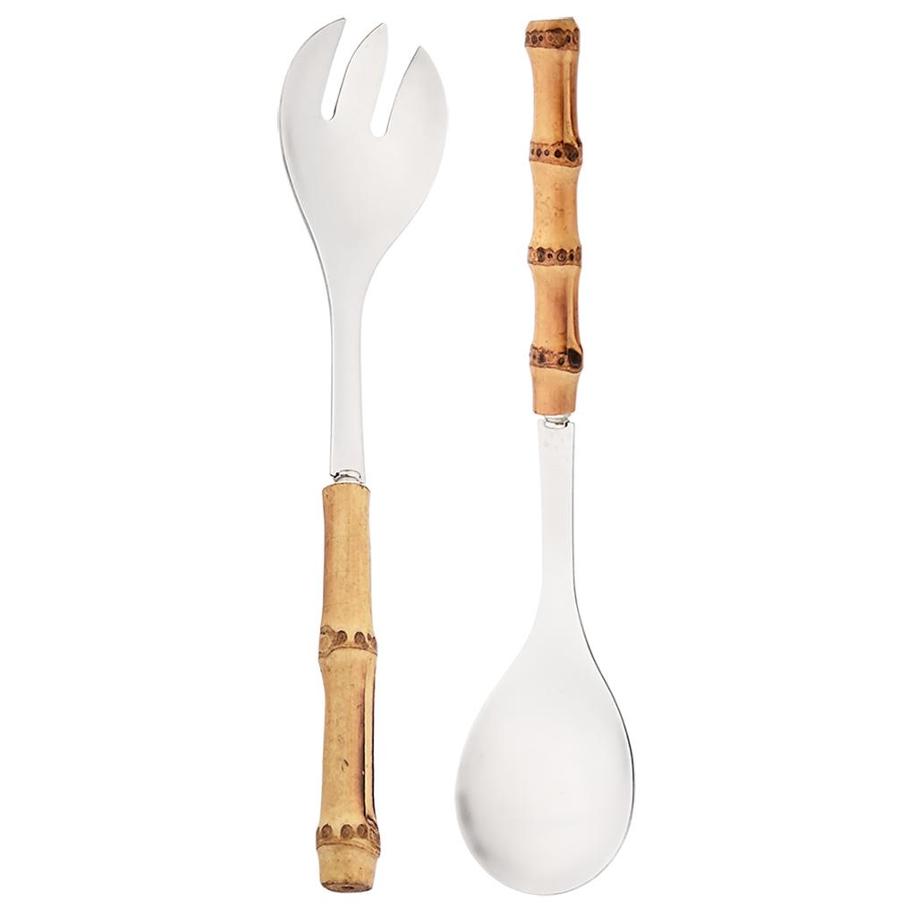 2Pcs/set Bamboo Wooden Handle Big Leaky Spoon Stainless Steel Tableware Long Handle Serving Spoon Fork Kitchen Cutlery Set