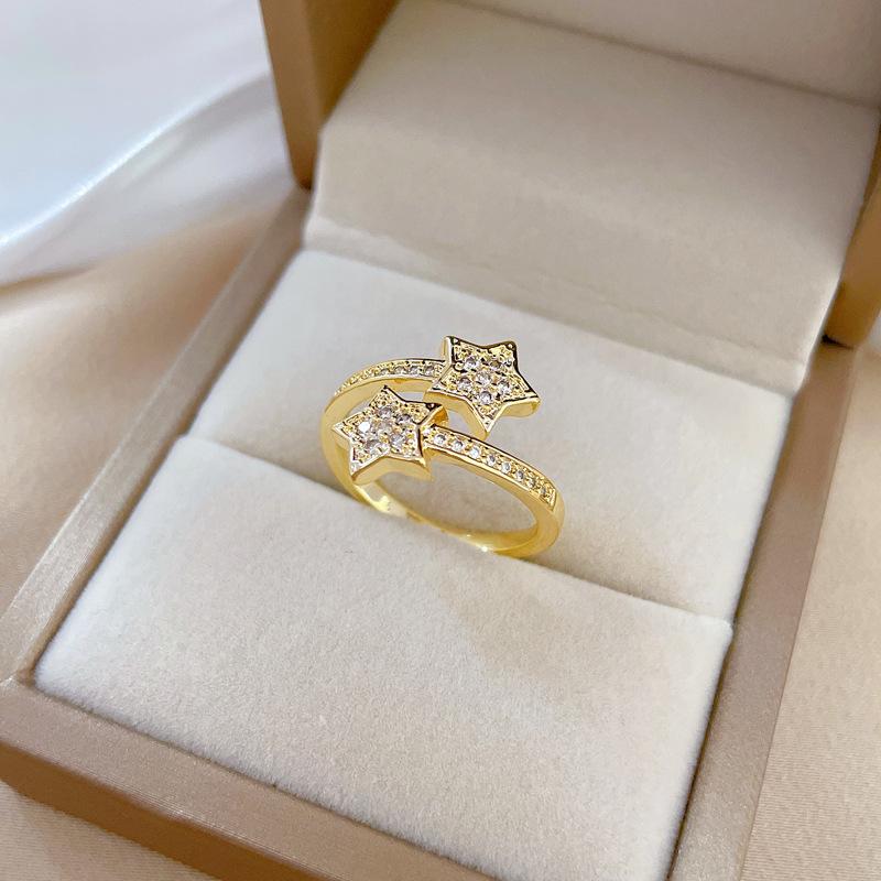 

Real Gold Electroplated Opening Pentagram Fashion Slightly Inlaid Light Luxury Ring Index Finger Ring With The Same Cold Wind adjustable opening