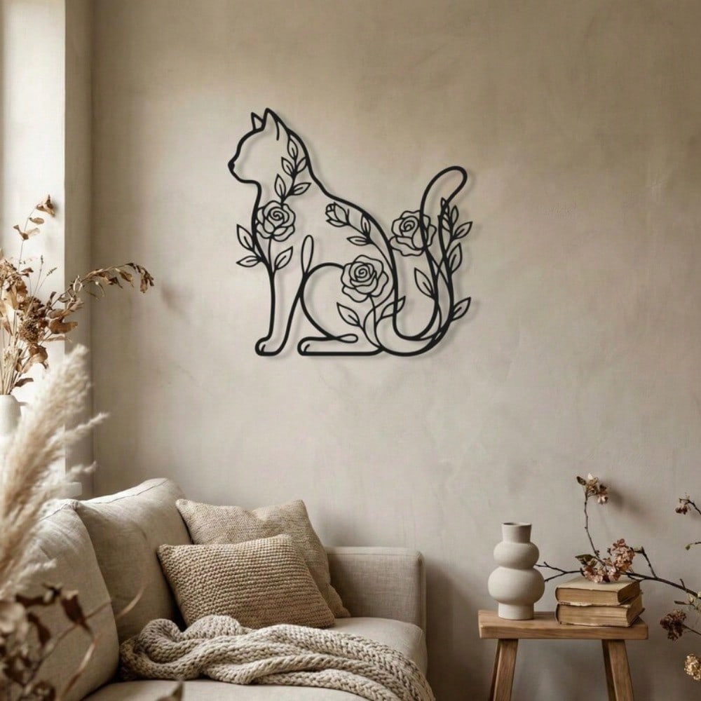 Floral Cat Metal Wall Art, Rose Silhouette Iron Sculpture, Minimalist Pet Lover Gift