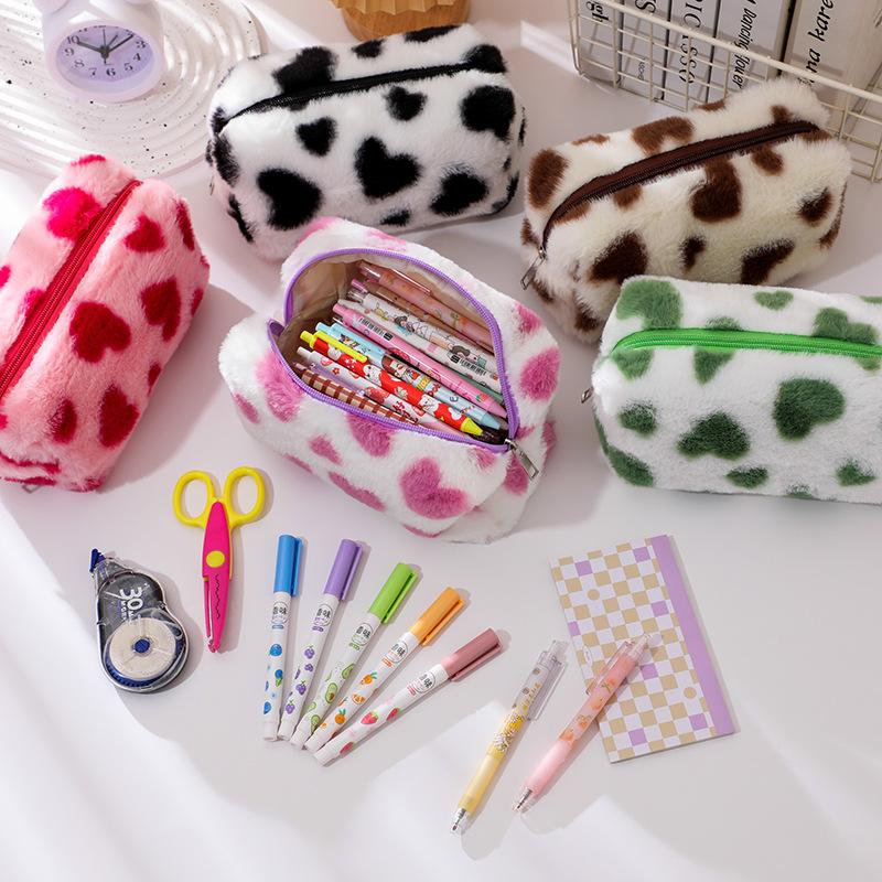 Cute Sweet Heart Pattern Plush Pencil Case Girly Women Large Capacity Cosmetic Bag Travel Portable Storage Bags Organizer Gifts