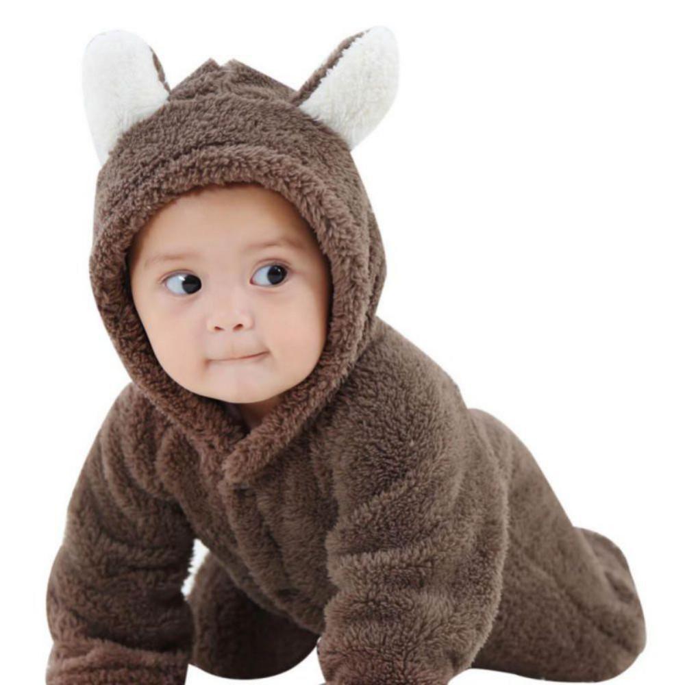 Adorable Hooded Coral Fleece Baby Romper - Long Sleeve, Warm Autumn/Winter One-Piece for Toddlers