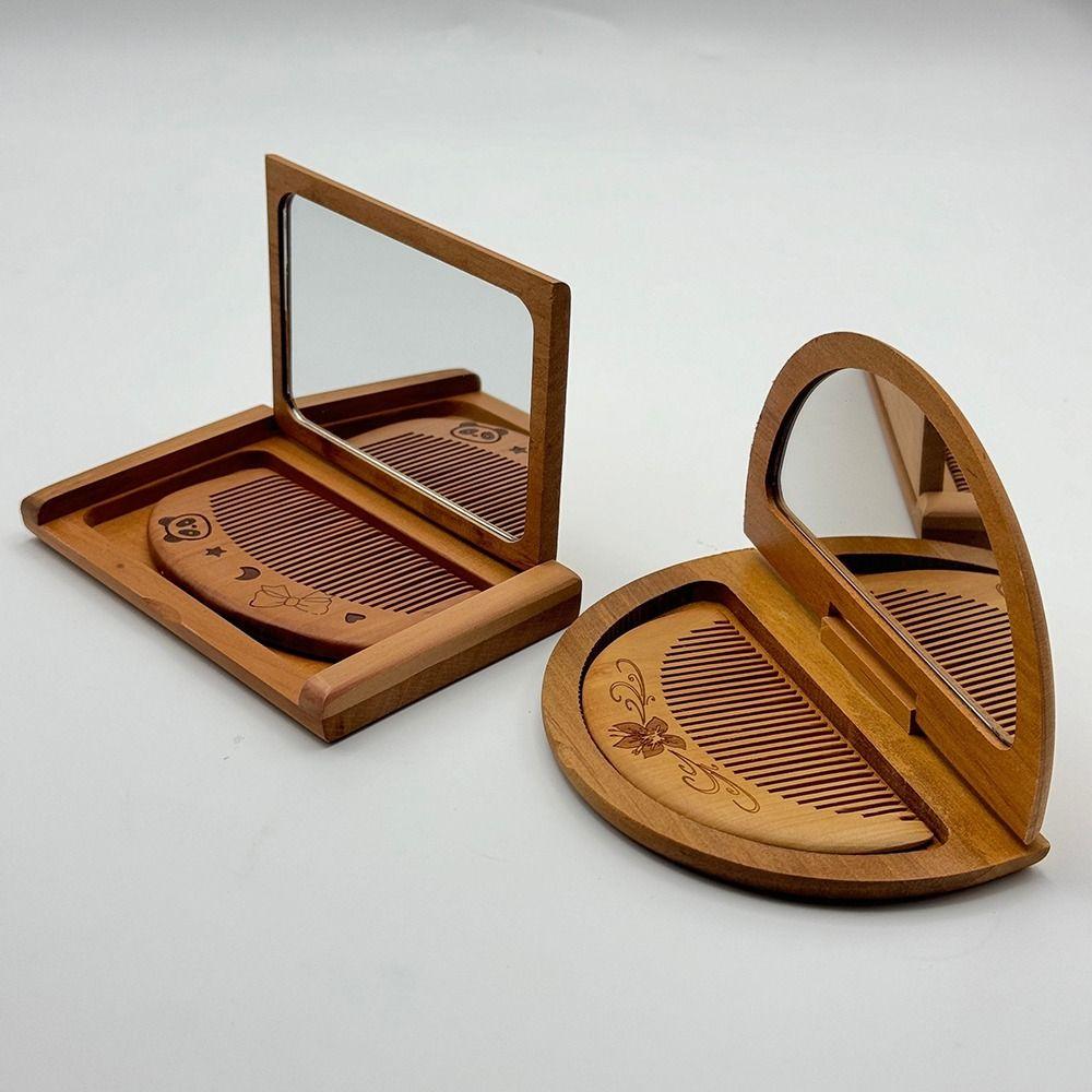 

Peachwood Wooden Comb Mirror Set Mini Makeup Mirror Durable Portable Folding Mirror Makeup Tool Style J