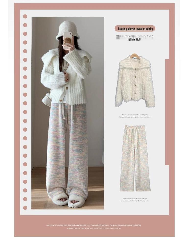 Women's Rainbow Bubble High Waist Fleece-Lined Pants - Autumn Winter 2024, Lazy Style, Drapey, Cotton, 145 Petite