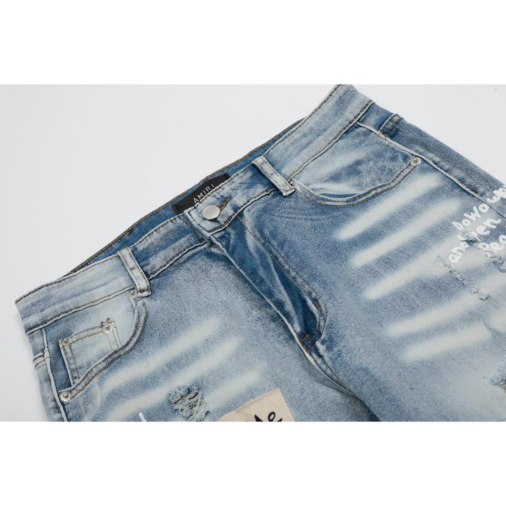 M40 Amiri Men's and Women's American Style Trendy Jeans with Fabric Patches, Holes, Embroidery, Casual and Fashionable High Street Pants