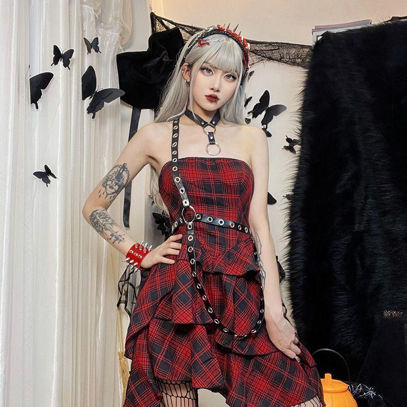 Gothic Plaid Red Summer Dress Women Lolita Streetwear Sleeveless Punk Off-Shoulder Dress Party Assymmetric Dresses