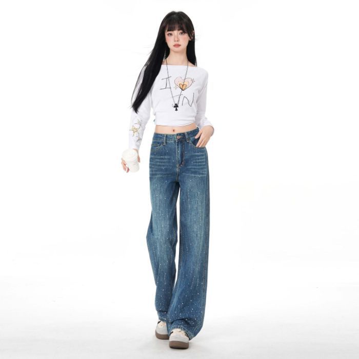 Early Spring Light Blue Narrow Full Rhinestone High Waist Non Stretch Slim Trendy Denim Pants Women Casual Pants Oversize Denim Trousers