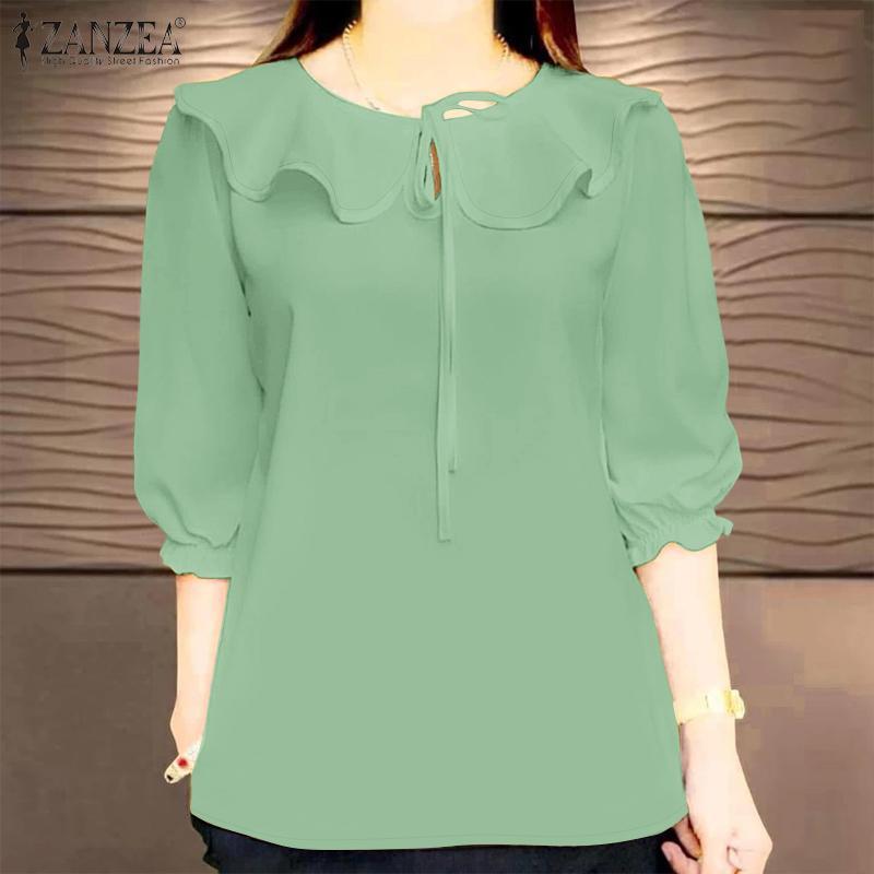 ZANZEA Women Ruffles Round Neck Casual 3/4 Sleeve Loose Blouse