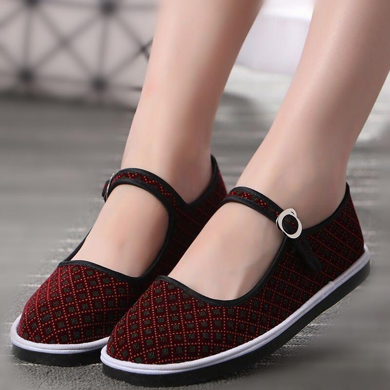 Old Beijing cloth shoes, black belt old lady shoes, gypsy green grid red grid one shoelace
