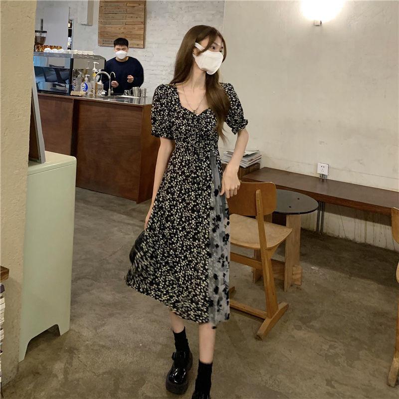Floral Square Neck Dress For Women With Mesh Patchwork Summer Style