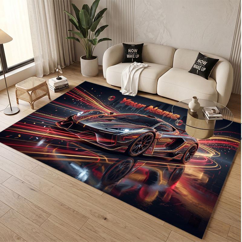 Auto-Rennsport-Thema Weicher Kristall-Samt Teppich Benutzerdefinierter Name & Text Druck Rutschfester Boden Teppich für Schlafzimmer Wohnzimmer